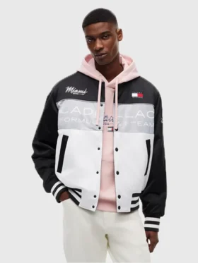 Tommy Hilfiger Cadillac F1 Team Miami Varsity Jacket front view showing clean design and fit