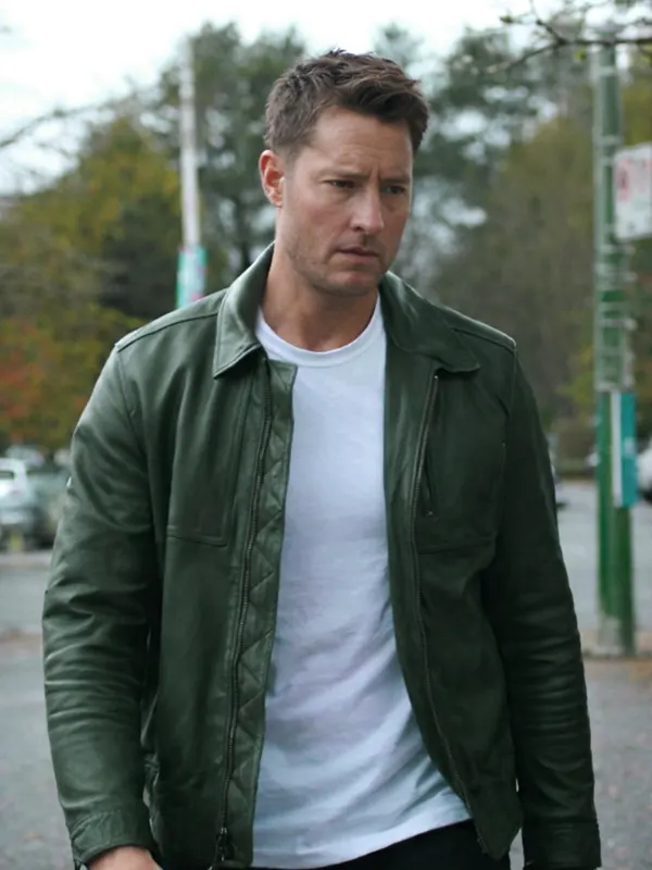 Tracker S03 Justin Hartley Green Leather Jacket front view