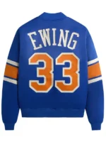 New York Knicks Patrick Ewing Blue Varsity Jacket side view