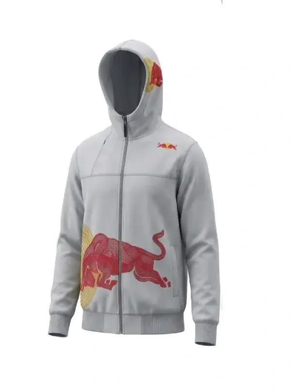 Vintage Red Bull Big Embroidered Logo Racing Hoodie front view showing hood, front structure, and sporty fit