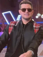 Voice S27 Michael Buble Varsity Jacket close-up showing fabric texture, stitching, and varsity jacket details