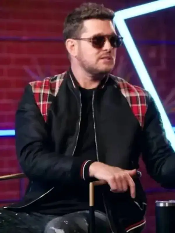 Voice S27 Michael Buble Varsity Jacket Front Voice S27 Michael Buble Varsity Jacket front view featuring varsity collar, front closure, and pocket details