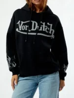 Von Dutch Logo Hoodie close-up view showing logo detail, fabric texture, and stitching finish
