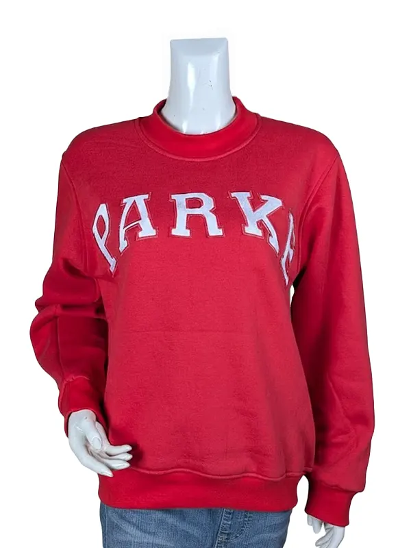 Front view of a red mockneck sweatshirt on a mannequin featuring a curved chest embroidery of varsity block letters outlined in white.