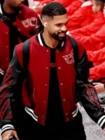 A premium standalone presentation layout of the maroon and black AC Milan Off-White Ruben Varsity Jacket.