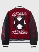 Clean rear profile view showing the distinctive tailored patches on the back of the AC Milan Off-White Ruben Varsity Jacket.