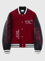 Full front presentation layout highlighting the clean button front of the AC Milan Off-White Ruben Varsity Jacket.