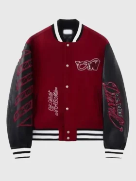 Full front presentation layout highlighting the clean button front of the AC Milan Off-White Ruben Varsity Jacket.