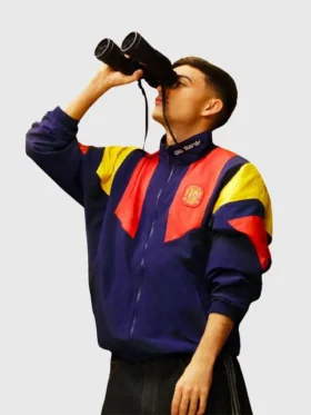 The sleek Adidas Backyard Legends Pedri Jacket highlighting its stand up collar.