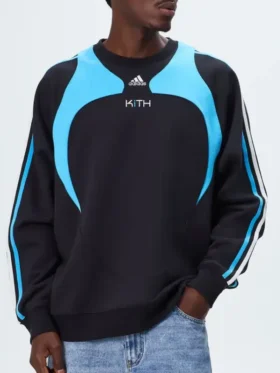Full front presentation layout highlighting the clean graphic stitching on the Adidas Kith Lionel Messi Fleece Sweater.