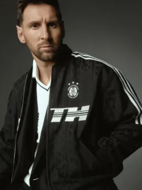 Full front layout profile showcasing the clean lines of the Adidas x Kith Lionel Messi Bomber Jacket.