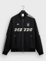 Full front profile layout showcasing the clean hardware on the Adidas x Kith Lionel Messi Bomber Jacket.