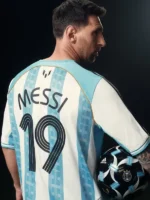 Full presentation view highlighting the clean graphics on the Adidas x Kith Messi Football Jersey.