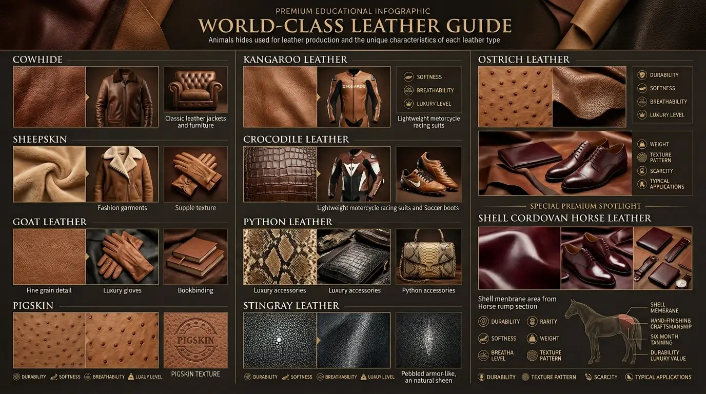 Educational infographic showing animal leather types including cowhide, sheepskin, goat, pigskin, crocodile, python, ostrich, stingray, and shell cordovan leather
