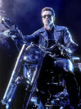 Arnold Schwarzenegger as the T-800 on motorcycle in black leather jacket and dark sunglasses from Terminator 2 Judgment Day 1991