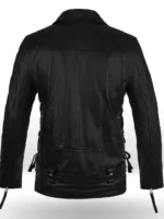Back view of T-800 black leather motorcycle jacket showing lace-up side panel detail, zippered cuffs and structured back panel
