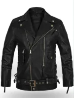 Front view of T-800 black leather jacket with asymmetrical zipper, wide notched lapel, shoulder epaulets and waist belt buckle