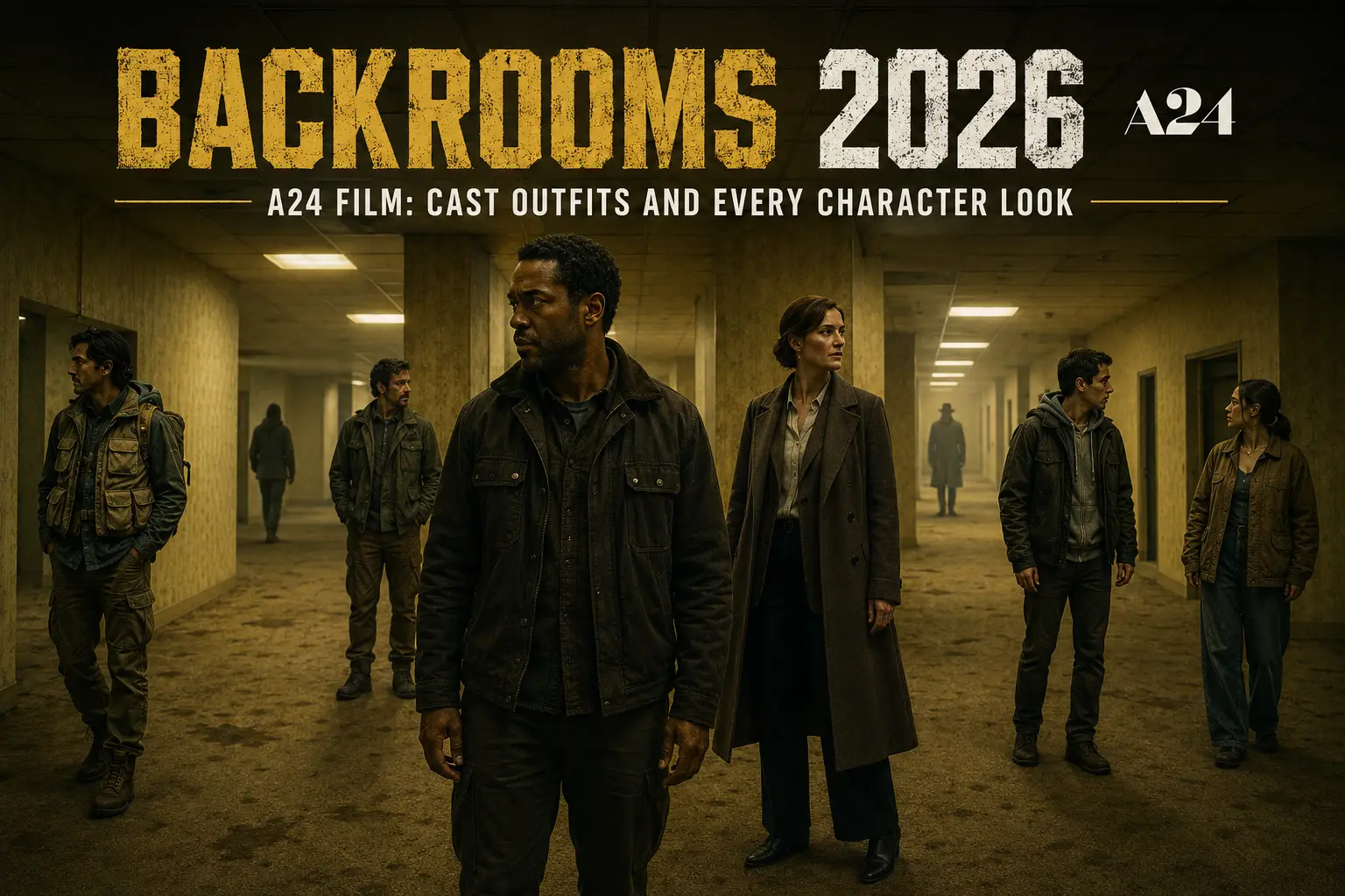 Backrooms 2026 cast outfits guide showing A24 horror character looks, practical outerwear, coats, and utility layers