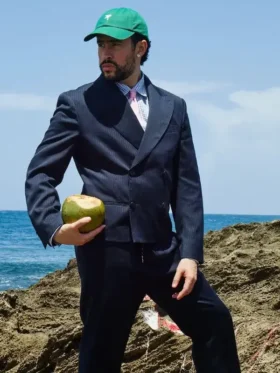 A premium standalone profile view of the midnight black Bad Bunny Zara Blazer.