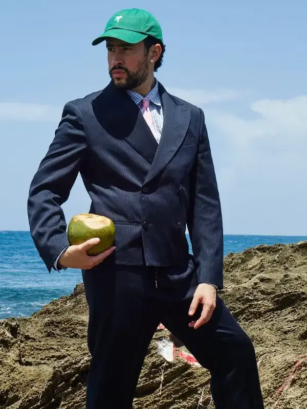 A premium standalone profile view of the midnight black Bad Bunny Zara Blazer.