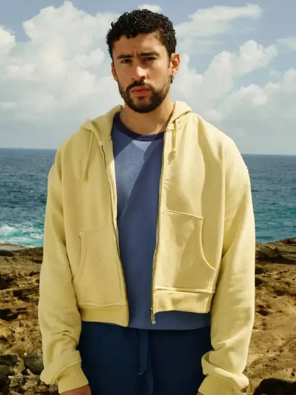 A standalone flat lay presentation profile of the vibrant Bad Bunny Zara Hoodie.