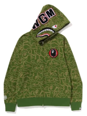 The essential Bape 30th Anniversary Shark Camo Hoodie highlighting its structured fleece build.