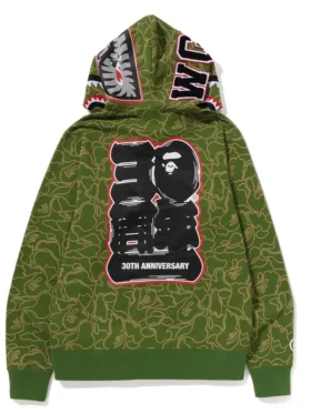 Clean back profile of the collectible Bape 30th Anniversary Shark Camo Hoodie.