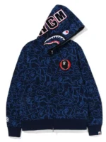 A front profile of the Bape 30th Anniversary Shark Camo Hoodie in rich navy blue.