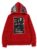 The striking red edition of the Bape 30th Anniversary Shark Camo Hoodie.