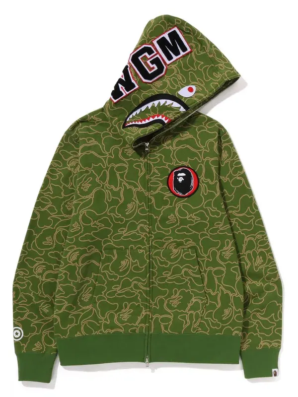 The essential Bape 30th Anniversary Shark Camo Hoodie highlighting its structured fleece build.