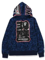 The back view of the navy Bape 30th Anniversary Shark Camo Hoodie showing its silhouette.