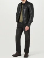 A standalone presentation view of the midnight black Broughton Motorcycle Leather Jacket.