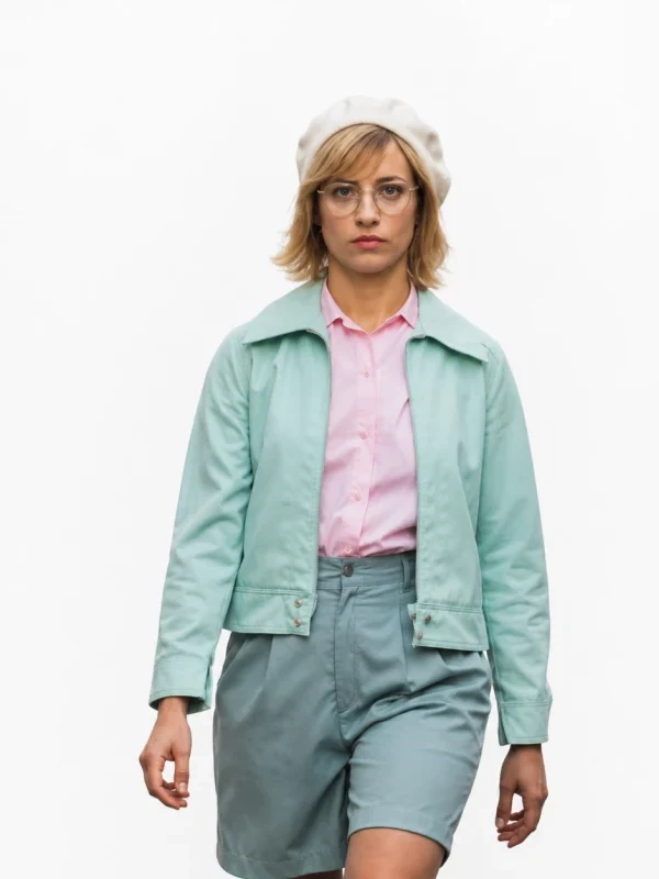 Berlin Michelle Jenner Jacket in green cotton with shirt style collar, zipper closure, and full length sleeves