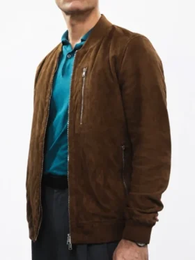 Front view of Berlin Pedro Alonso Brown Jacket with suede leather, zipper closure, rib collar, and pockets