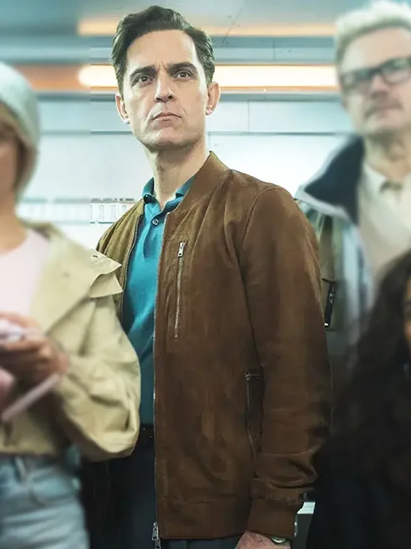 Berlin Pedro Alonso Brown Jacket featuring suede leather, viscose lining, rib collar, and zipper closure