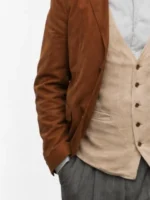 Berlin Tristan Ulloa Brown Blazer in brown suede featuring lapel collar, button closure, full length sleeves, two outside waist one chest and one inner pocket