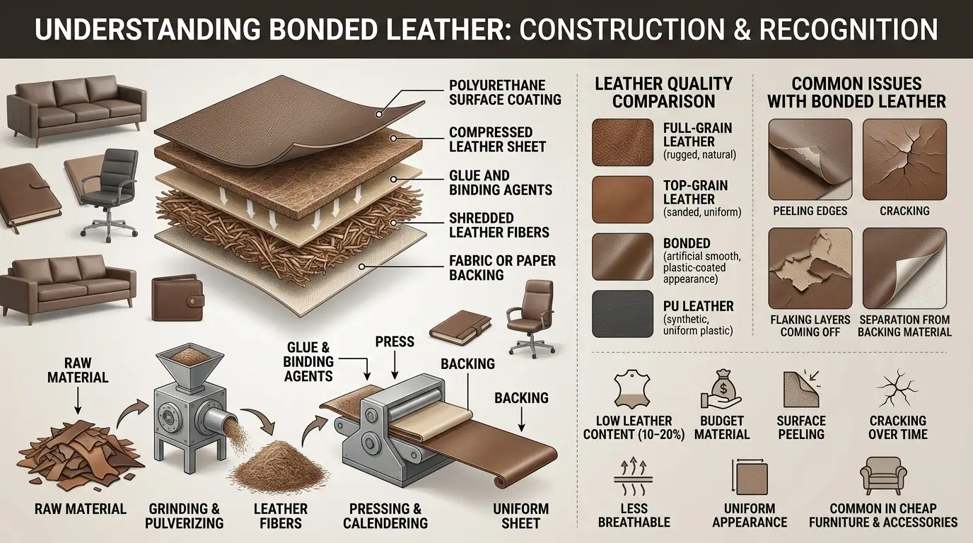 Infographic explaining bonded leather construction with shredded fibers, polyurethane coating, backing, peeling, cracking, and low leather content