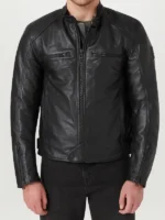 Premium studio layout showcasing the rich texture of the Broughton Motorcycle Leather Jacket.