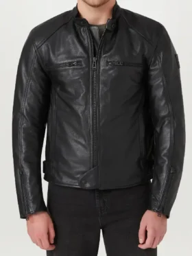 Premium studio layout showcasing the rich texture of the Broughton Motorcycle Leather Jacket.