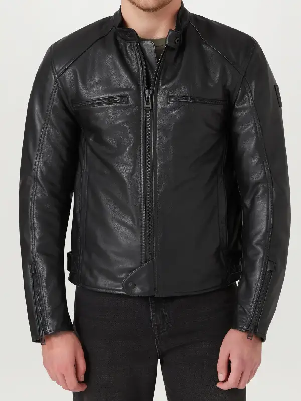 Broughton Motorcycle Leather Jacket Premium studio layout showcasing the rich texture of the Broughton Motorcycle Leather Jacket.