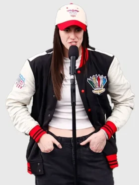 Full front profile layout showcasing the clean lines and tailored fit of the Caitlin Clark Indianapolis Racing Jacket.