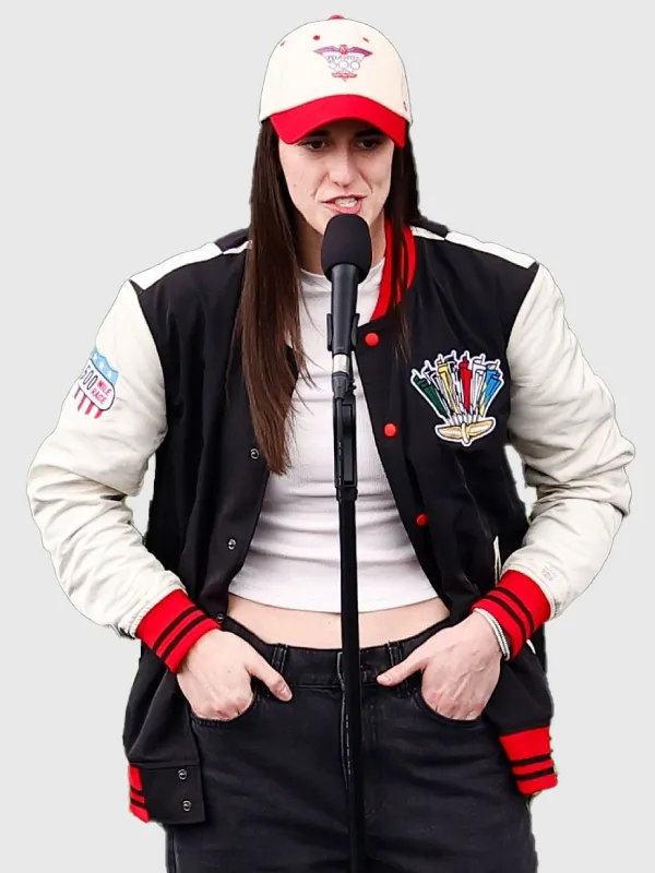 Full front profile layout showcasing the clean lines and tailored fit of the Caitlin Clark Indianapolis Racing Jacket.