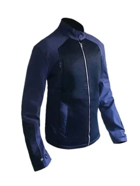 Captain America The Winter Soldier Chris Evans Jacket in blue cotton with viscose lining, erect collar, zipper closure and snap tab button cuffs