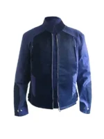 Captain America The Winter Soldier Chris Evans Jacket in blue cotton featuring erect collar, zipper closure, snap tab cuffs and full length sleeves