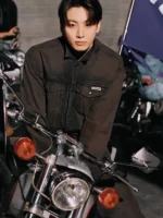 Close profile view of the 2026 edition Jung Kook Calvin Klein Denim Jacket.