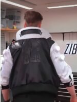 Cyberpunk 2077 NUSA Infiltrator cosplay jacket back view showing NUSA text on black panel white structured collar and white arm panels
