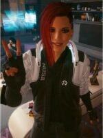 Cyberpunk 2077 NUSA Infiltrator jacket worn by V in-game showing illuminated stand-up collar NUSA branding and white shoulder armor panels