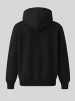 Clean back profile of the black Drake Ovo Iceman Hoodie showing its rib knitted hem.