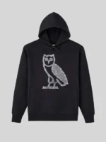 A striking front view of the Drake Ovo Iceman Hoodie in a heavy black finish.