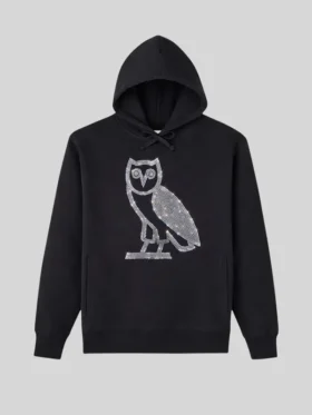A striking front view of the Drake Ovo Iceman Hoodie in a heavy black finish.